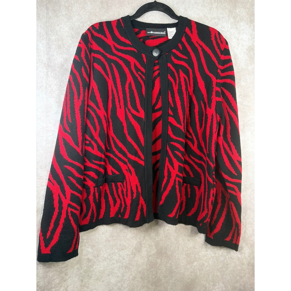 NWOT Sag Harbor Dress Cardigan Women XL Red Black Zebra Print Single Button Knit